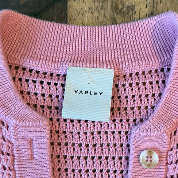 Varley Callie Open-Knit Cotton Top Short Sleeve Button Summer Pink Women’s Small - Picture 3 of 10